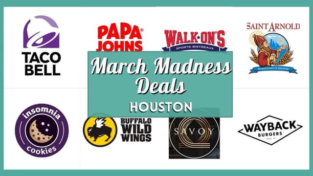 Score a slam dunk with 60+ verified March Madness deals Houston! From 50¢ wings,  BOGO pizza to massive watch parties, and local bar specials.