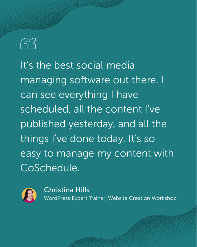 Managing content just got easier!
Christina Hills, WordPress Expert Trainer, loves how CoSchedule helps her stay organized with everything scheduled, published, and done in one place. ๐
โจ
With CoSchedule, it's simple to manage your content and stay on top of your social media game.
Click the link in bio to read her full story! ๐