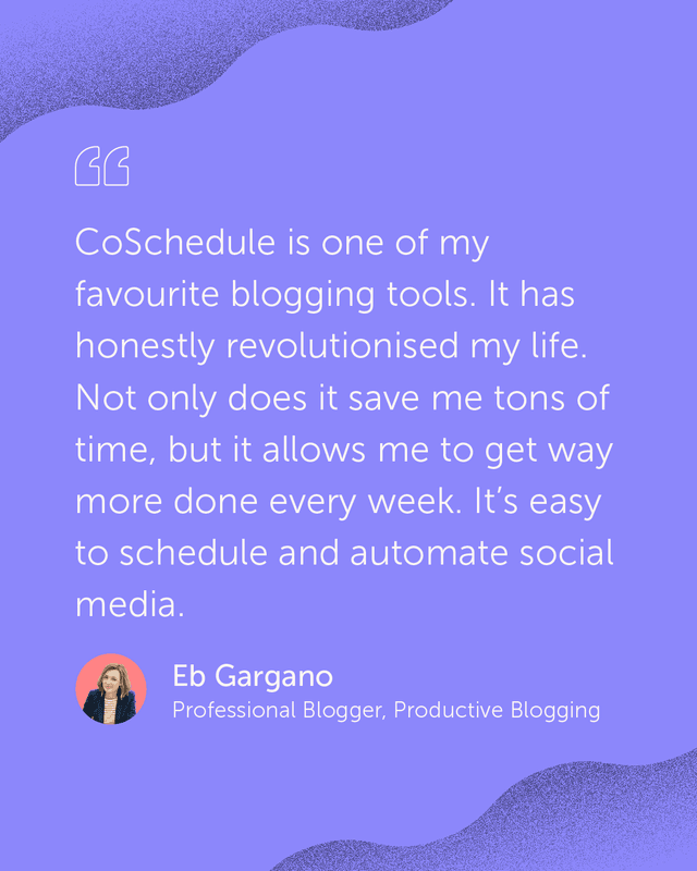 Eb Gargano, Professional Blogger, shares how CoSchedule saves her tons of time and helps her get so much more done every week. It's the ultimate tool for scheduling and automating social media with ease. ๐
Click the link in bio to read Eb's full story! ๐