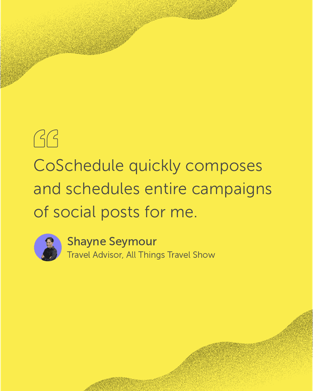 Shayne Seymour, Travel Advisor, shares how CoSchedule helps him quickly compose and schedule entire campaigns of social posts with ease.๐โ๏ธ
Click the link in bio to read Shayne's full story! ๐