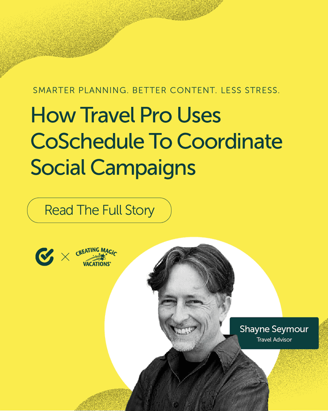 Travel advisor Shayne Seymour juggles a podcast, YouTube, blog, and social โ and keeps it all running with CoSchedule's Marketing Calendar. ๐งณ๐
๐ฒ Click the link in bio to see how he does it.