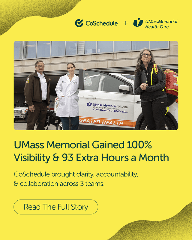 UMass Memorial Health Care transformed team collaboration with CoSchedule Marketing Suite.
By creating a clear workflow, they gained 100% visibility across three teams, boosting productivity by 93 hours per month.
๐Click the link in bio to see how CoSchedule brought them the clarity and success they needed