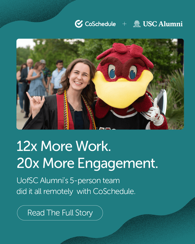 ๐ How UofSC Alumni Managed 12x More Work Remotely
With CoSchedule, the UofSC Alumni team boosted productivity and grew daily social engagements from 170 to 3.4k!
๐ฏ Click the link in bio to see how they did it!
