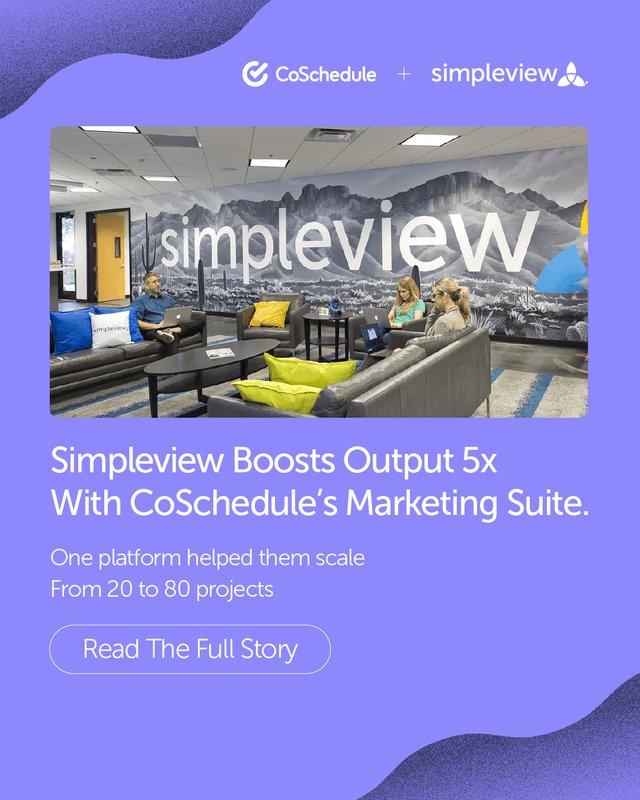 Simpleview Boosts Productivity 5x with CoSchedule
In just one year, Simpleview's team increased their project output by 5x and slashed timelines. ๐ช๐
๐ฏ Click the link in bio to learn how they did it!