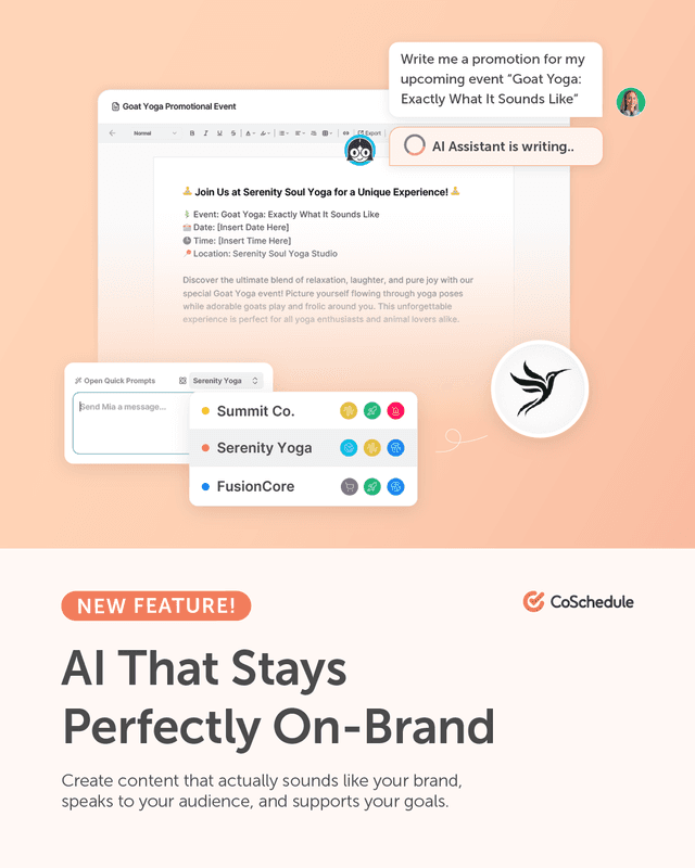 AI that actually sounds like your brand.
Brand Profiles in CoSchedule gives your AI Assistant the context it needs to write like you do.
Train AI on your:
โข Brand voice
โข Style rules
โข Products & services
โข Target audience
โข Compliance guidelines
Spend less time editing, start publishing faster, and get better output that doesn't sacrifice quality or consistency.
Book a demo from link in bio to see how it works. ๐